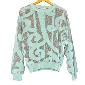 Vintage Koman Abstract Blue Gray Knit Sweater Women's Medium Coastal Grandma